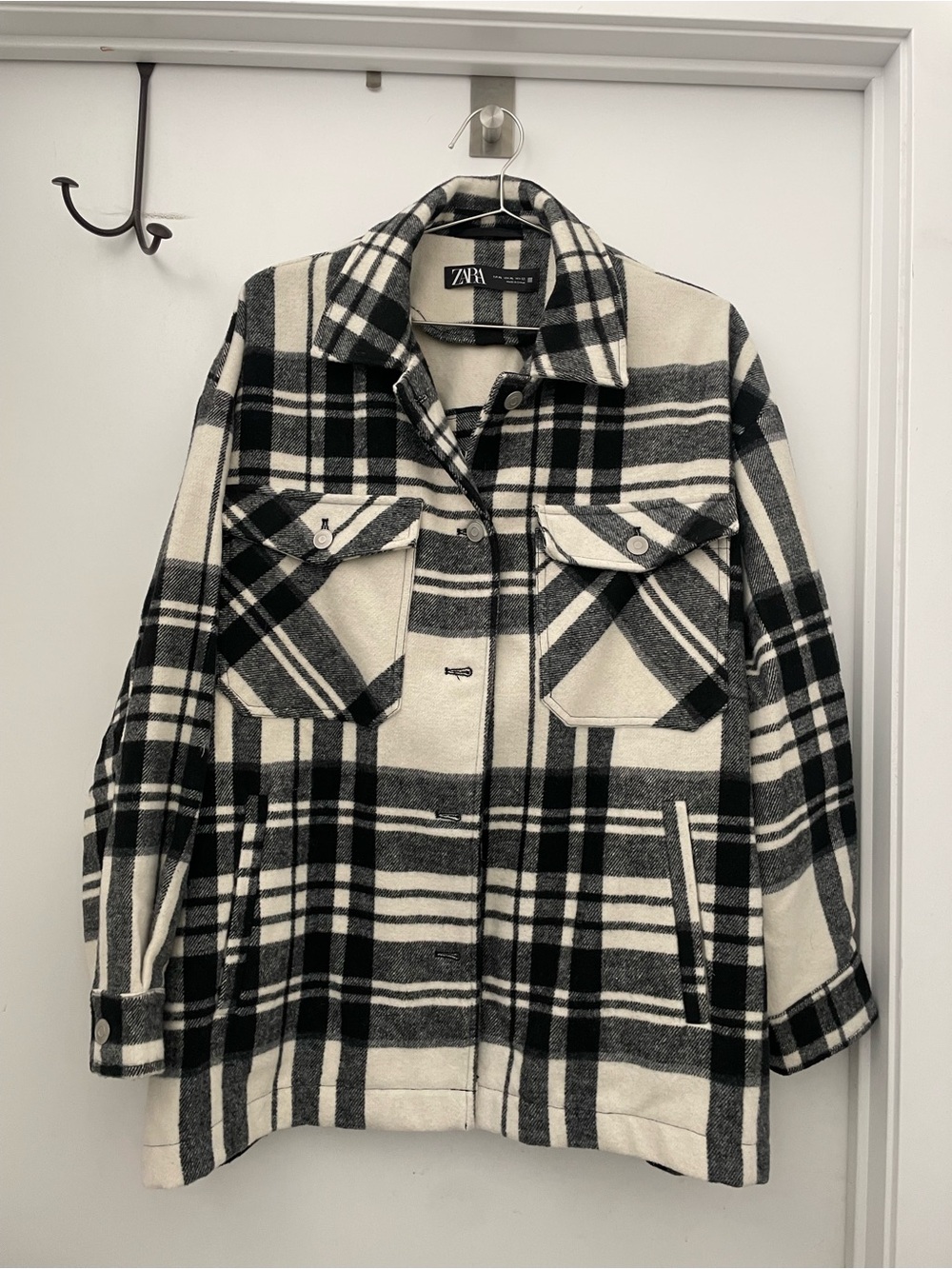 Zara Black and Cream Plaid Utility Shacket Jacket